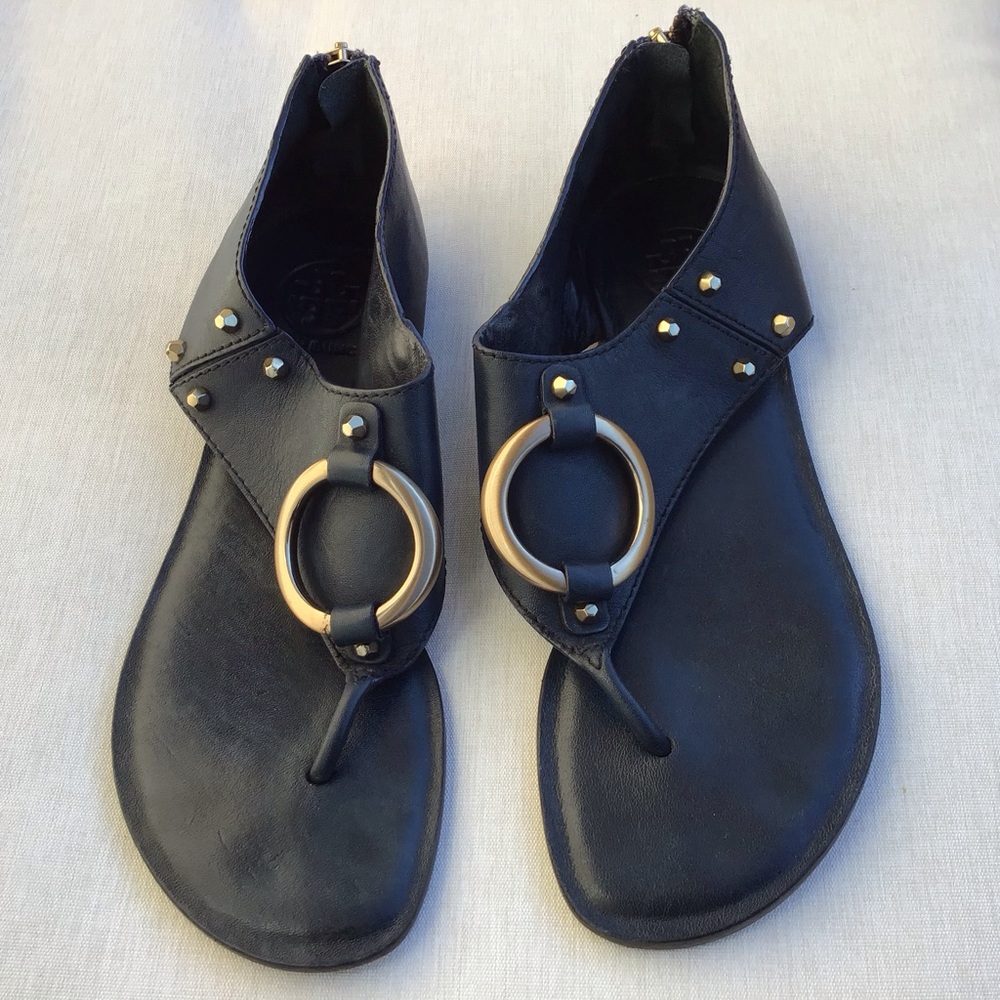 Tory Burch Black Leather Thong Sandals with Gold Ring Detail